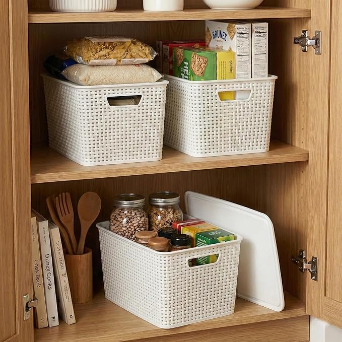 BINO | Plastic Storage Baskets with Lids, 22 Liter - 3 Pack, White | THE WOVEN COLLECTION | Storage Basket for Shelves | Woven Storage Baskets for Organizing Bins Pantry Shelf Organizer Container Bin