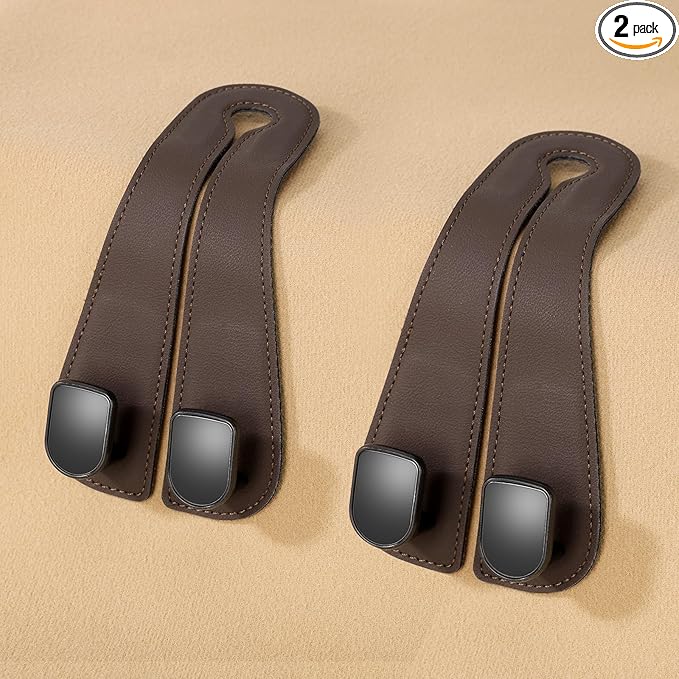 JOJOY LUX 2025 Automotive Seat Back Hooks,Leather Car Seat Hooks,Dual Headrest Organizer Hangers for Purses, Bags & Phones, 2 in 1 Car Headrest Hidden Hook for Tidy Organization,Pack of 2(Mocha)