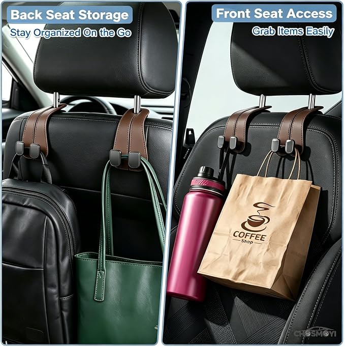 CHOSMOYI Leather Car Headrest Hooks for Purses & Bags, 2 Pack Heavy Duty Seat Back Organizer, Double Car Hooks for Groceries & Handbags, Universal Interior Accessories (Brown)