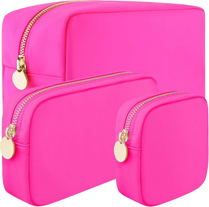 DANCOUR 3-Piece Hot Pink Makeup Bag Set – Mini, Small & Large Cosmetic Bags for Women & Girls, Cute Travel Toiletry Bag Set, Makeup Organizer Pouches for Purse or Travel