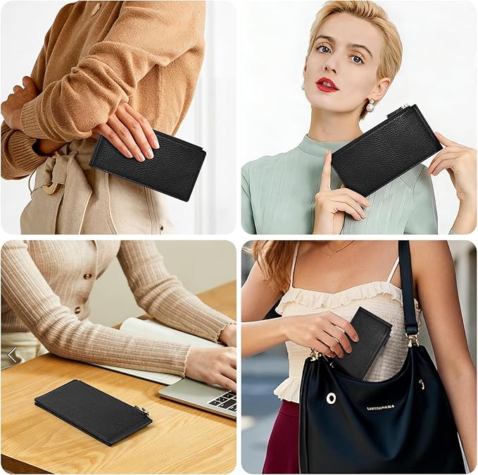 Womens Wallet, RFID Blocking Leather Wallet Large Size Bifold Multi Card Holder Wallet with Zipper Pocket - Black