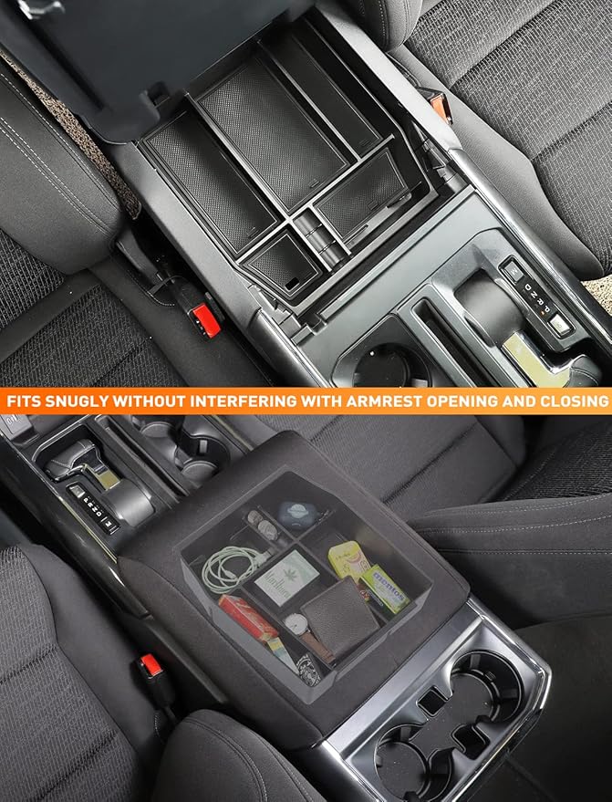 Savadicar Center Console Organizer Compatible with 2015-2025 Ford F150 (Not Fits 40/20/40 Jump Seat Console), ABS Armrest Insert Storage Tray With Liner Pad, Interior Accessories, Black