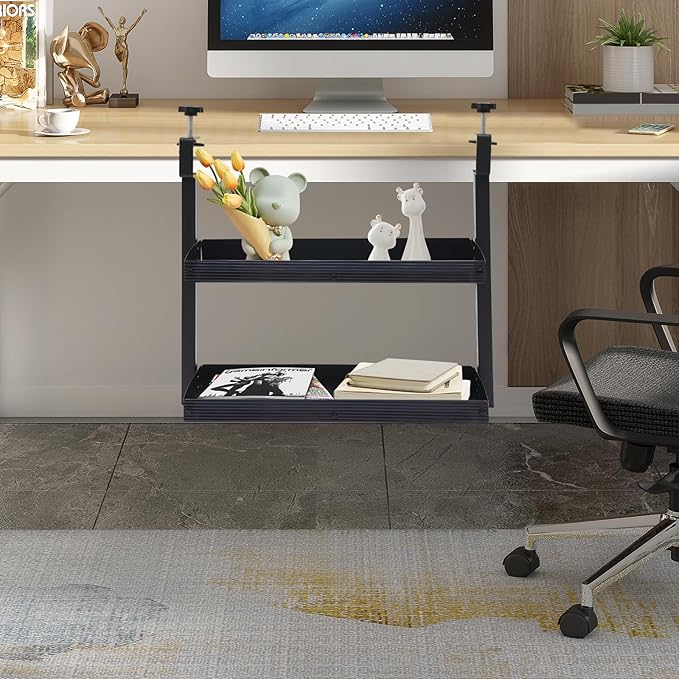 2-Tier Clamp-on Desk Shelving Unit, Adjustable Metal Storage Tray Desk Shelf, Space-Saving Desktop Organizer for Gaming Devices, Office Supplies and Dresser Top Storage, Ideal for Office, Study