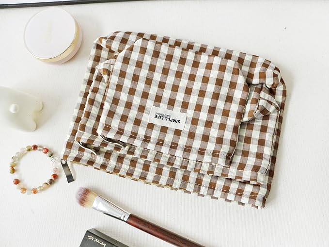 HAPPYHEIDI Nylon Checkered Makeup Bag Set 3 with Pocket Cosmetic Toiletry Travel Pouch, Small Accessory Organizer Bag, 3-Size, Brown, Large Medium Small, Lined, Lightweght