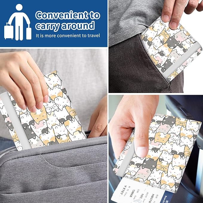 Passport Holder for Travel Essentials, Leather RFID Blocking Passport Wallet Cover Case, Cute Passport Book Holders for Women and Men Cute Cats