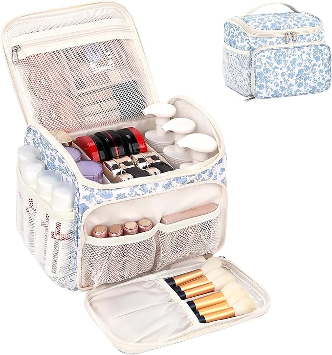 CUBETASTIC Makeup Bag Large, Floral Travel Make Up Case for Women with Removable Partitions & Multi-Pockets, Vertical Storage Cosmetic Pouch & Toiletry Bag (Floral Blue, Large)