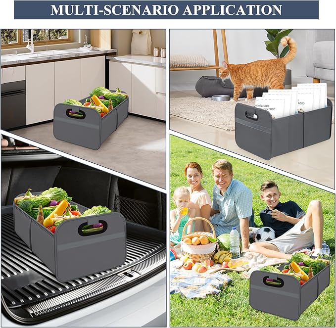 Car Trunk Organizer, Foldable Car Trunk Storage Box with 2 Compartments & Mesh Pocket, Large Capacity, Portable with Handle, Collapsible Backseat Storage Organizer for SUV Truck Sedan (Gray)