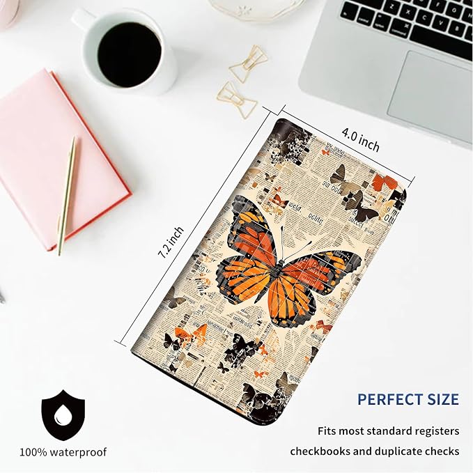 DEGDFSGR Checkbook Cover PU Leather Checkbook Covers for Women for Duplicate Checks, Check Book Covers with RFID Blocking Function for Personal Checkbook, Newspaper Collage Butterfly