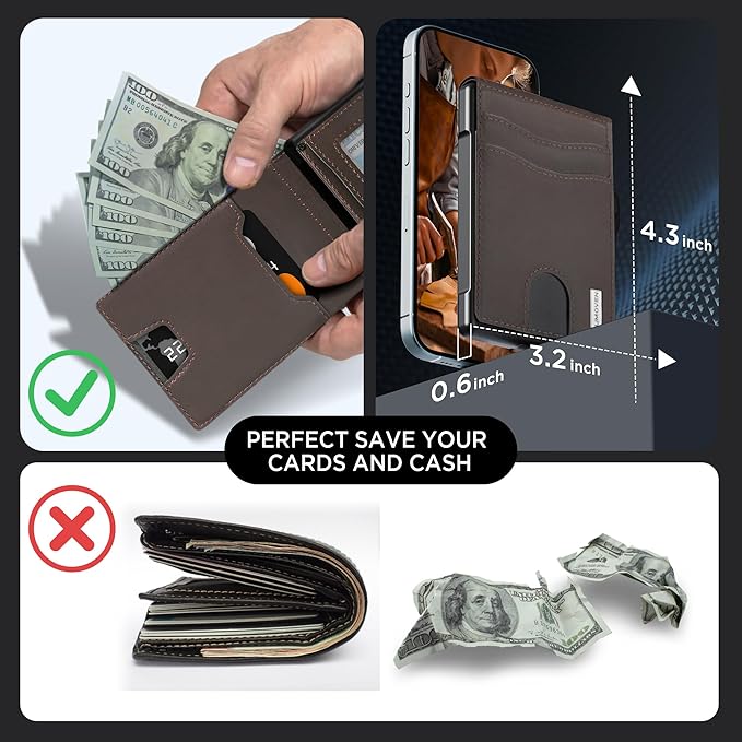 umoven Wallet for Men - Pop Up Case, Cash Slot, and Credit Card Slot - Slim Aluminum Wallet with RFID Blocking, Minimalist Leather Wallet Front Pocket with ID Window (Coffee Brown)