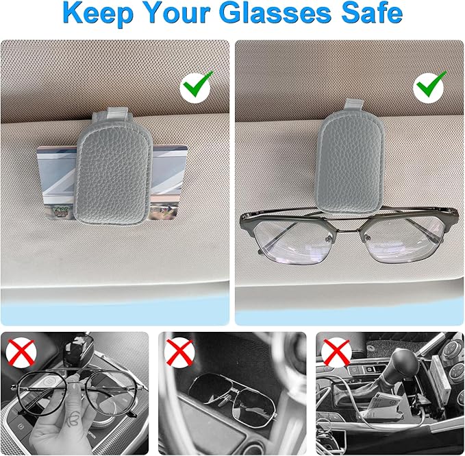LTOHOE 2 Pack Sunglass Holder for Car, Magnetic Leather Sunglasses Holder and Ticket Card Clip, Universal for Different Size Glasses, Car Visor Accessories(Grey)