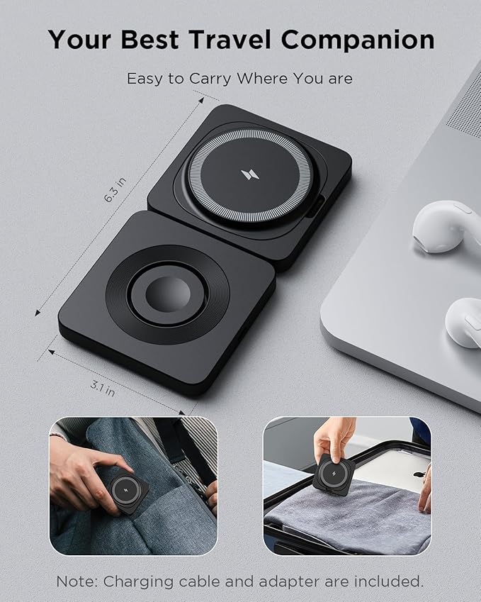 Traveling Magnetic Wireless Charging Station - ADADPU 3 in 1 Foldable Charger Stand for Apple Devices, Travel Charging Pad for iPhone 17 16 15 14 13 12 Pro Max Plus, for Apple Watch AirPods, Black