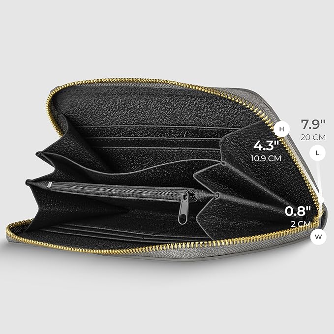 Italian Genuine Metallic Leather Wallet for Women with 3 Compartments & Zip Close | Small Rectangular Card Holder (Anthracite)