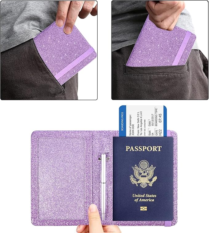 ACdream Unisex Faux Leather Passport and Vaccine Card Holder, Glitter Purple, RFID Blocking, Protects Valuable Information