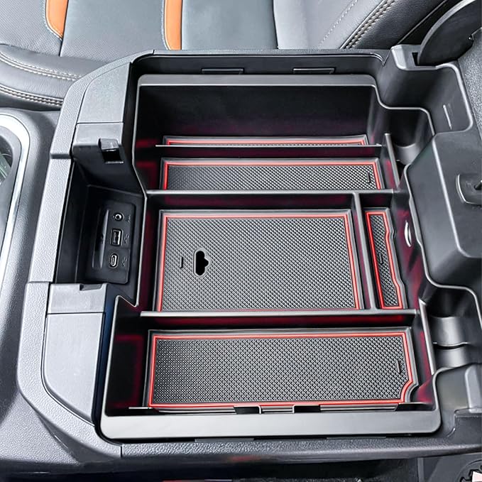 Center Console Organizer Compatible with 2019-2022 Chevy Silverado/Sierra 1500 and 2020-2023 Silverado/Sierra 2500HD 3500HD Accessories Armrest Full Size Tray,Full Console w/Bucket Seats ONLY,Red
