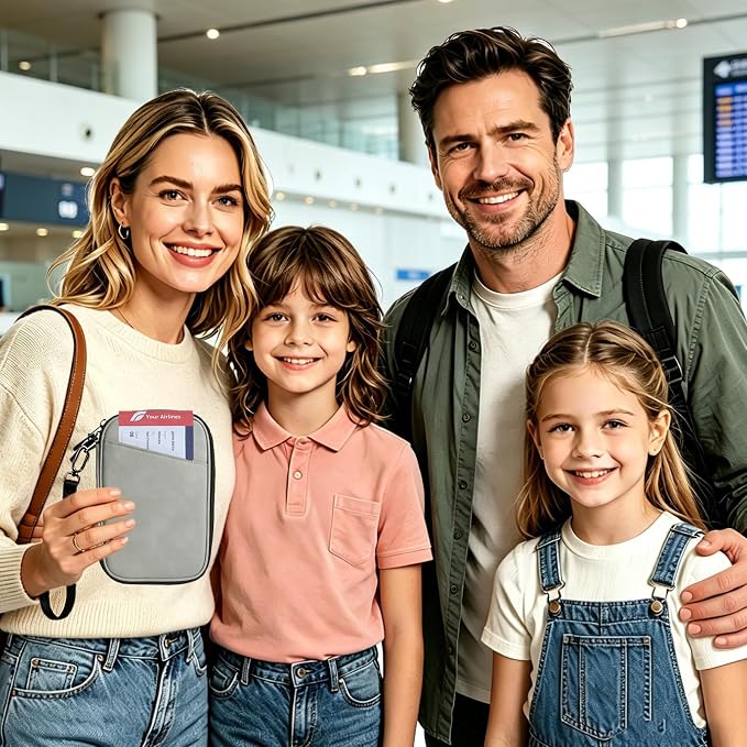 family passport holder for 4 multiple passport bag for travel passport cover rfid blocking for women waterproof wallet with zipper airtag passport case for men (pattern gray)