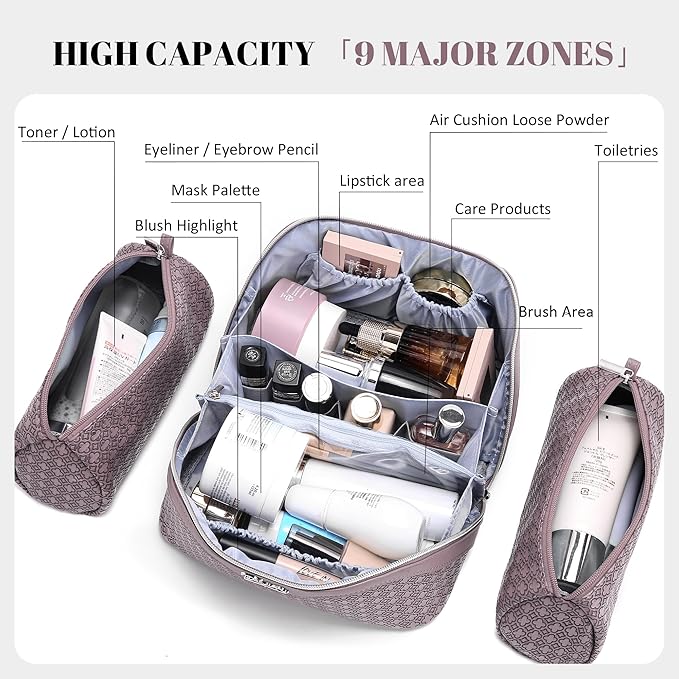 BOYATU Travel Makeup Bag for Women: Four Leaf Clover Large Capacity 3 Pcs Set Cosmetic Bags - Waterproof 50% Extra Space for Toiletry Organizer - Travel Essentials for Fortunate (02 Purple)