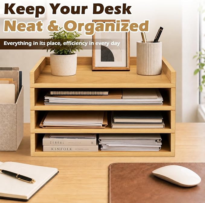 PROLEE 4 Pack Stackable Paper Tray, Wooden Paper Tray Organizer with Letter Tray, Paper Holder for Desk, Desktop File Storage Rack for Study, Home and Office (Oak)