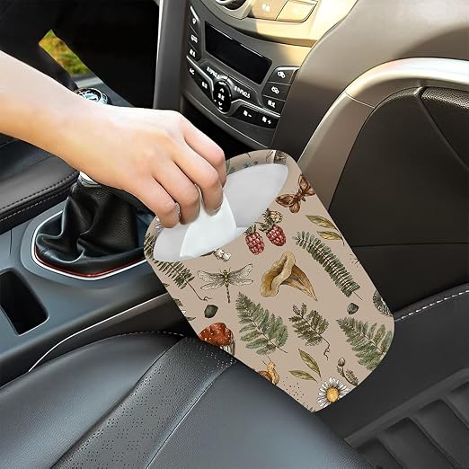 Car Trash Bag Vintage Mushroom Forest Plants Waterproof Trash Small Car Can Portable Collapsible Car Garbage Can Hanging for Back Seat Floor or Hanging Headrest Car Decor Road Trip Essentials