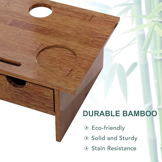Sundale Outdoor WAYTRIM Bamboo Wood Monitor Stand Ergonomic Computer Riser with Storage Organizer Drawers Desktop Laptop Shelf Risers Cellphone Stand for Home and Office Use, Classic Antique Brown
