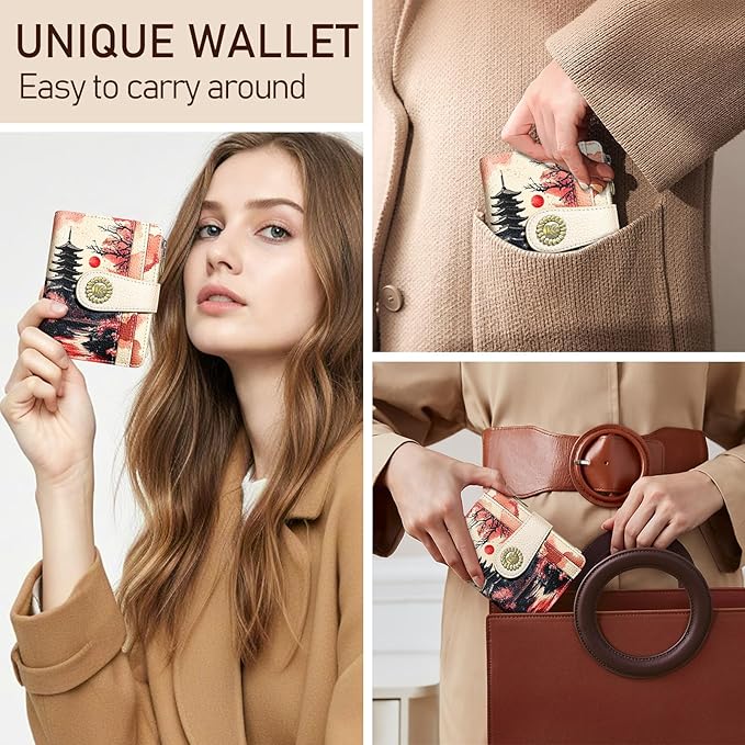 Kelvoris Japanese Sunset Goth Small Rfid Women Wallet Bifold Zipper Coin Pocket PU Leather Compact Cash Credit Card Holder Travel Wallet for Female Ladies Teen Girls 1 ID Window 10 Card Slots