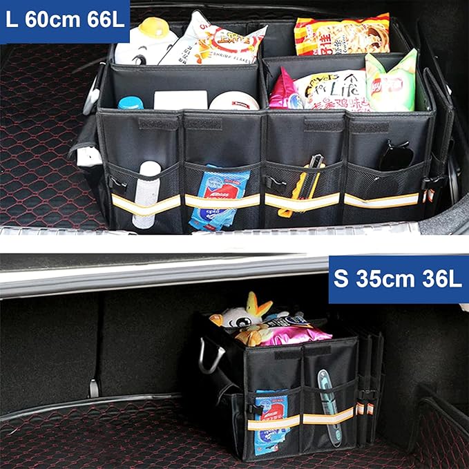 Collapsible Car Trunk Organizer with Reflective Strips, Durable 1680D Oxford Fabric, Large Capacity Storage Bin with Aluminum Handles, Anti-Slip Bottom – 60x35x30cm (23.4x13.8x11.8 inches)