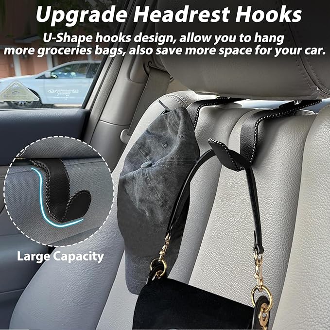 Car Purse Holder - Leather Vehicle Storage Hanger Hook for Purses and Bags, 2 Pack Black