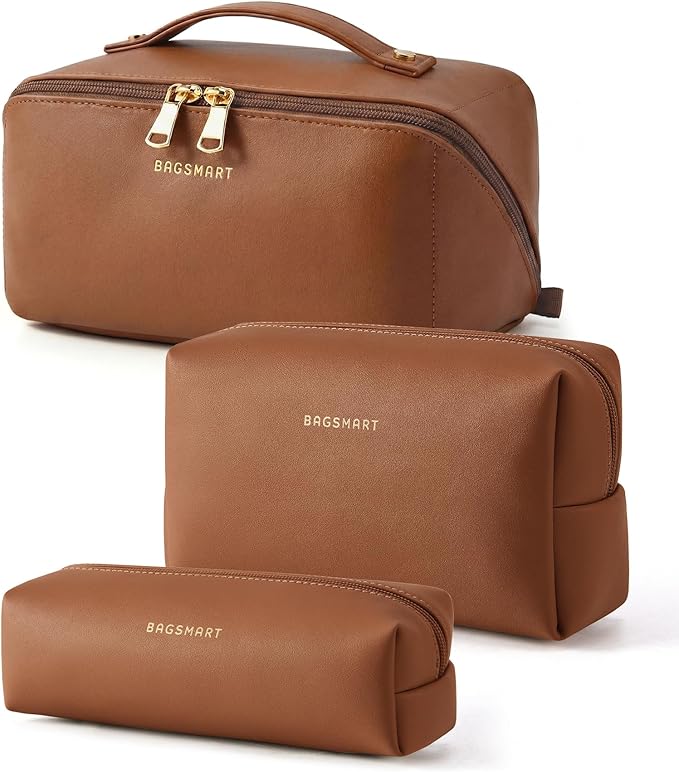 BAGSMART Makeup Bag Travel 3 Pcs Set Cosmetic Bag, Large Make Up Bag Flat Open Toiletry Bag for Women, PU Leather Travel Essentials Organizer Case, Wide-open Pouch for Skincare, Brushes, Coffee Brown