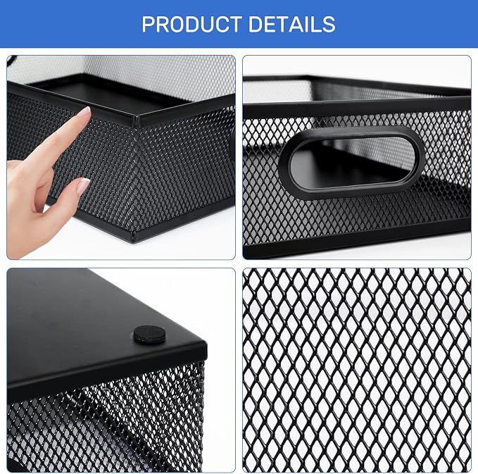 Neudeco Desk Drawer Organizer, 4 Pack Metal Mesh, Black | Adjustable Dividers, Stackable, Pen Organizer, Office Supplies Organizer