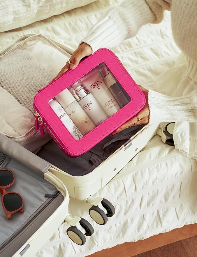 Popvibe Clear Makeup Bag Travel Cosmetic Case Transparent Toiletry Bag with Zipper, Portable Make Up Organizer Traveling Compact Car Bag for Essentials, Hotpink, Medium and Large