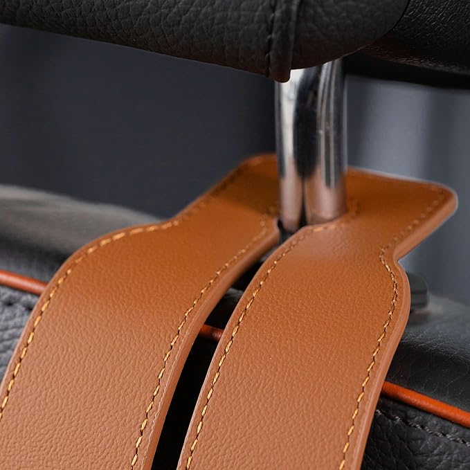 Jayanes Genuine Leather Car Purse Hook - Flexible Car Seat Back Storage Hook for Purses and Bags, Universal Headrest Hooks for Car, Upgraded Car Purse Holder Hanger for Head Rest (Brown-1 Pack)