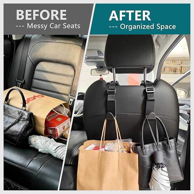 Amooca Headrest Hooks for Car Adjustable 4 Pack Vehicle Seat Back Organizer Storage Hanger Holder for Purse Bags Universal Fit with Clip Black