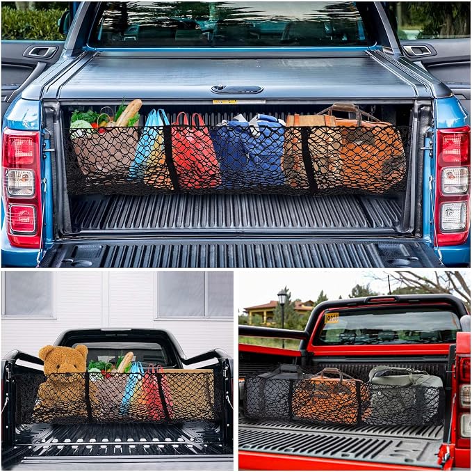 Truck Bed Cargo Net with Detachable 3 Pocket, 59“ Long Pickup Trunk Mesh Organizers & Elastic Storage for Tacoma Ford Chevy Silverado GMC etc,Grocery Holder Trunk Net with 8 Carabiners Accessories