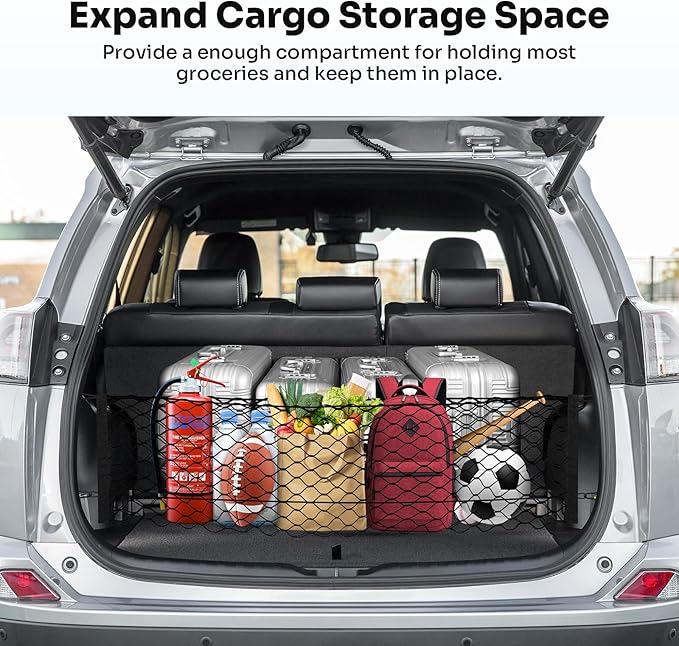 Canvcle Trunk Cargo Net for 2013-2018 Toyota RAV4 Accessories Envelope Style Mesh Trunk Net Organizer and Storage Stretchable Adjustable Elastic Nylon Rear Cargo Netting with Hooks