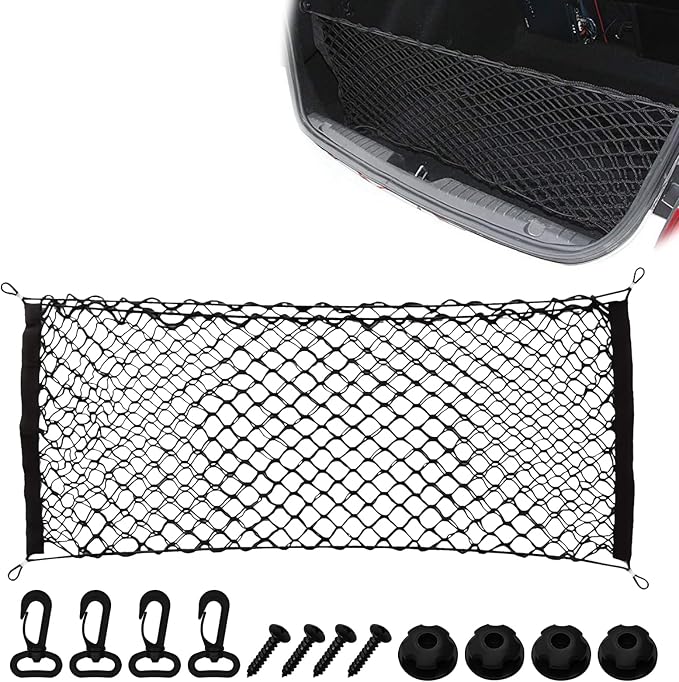 Car Cargo Nets Trunk Organizer, Adjustable Elastic Storage Mesh Double Layer with Hooks, Rear Cargo Net Accessories for Cars Trucks SUVs, Stretchable Heavy Duty Vehicle Organizer 39.4 x 15.7 Inch