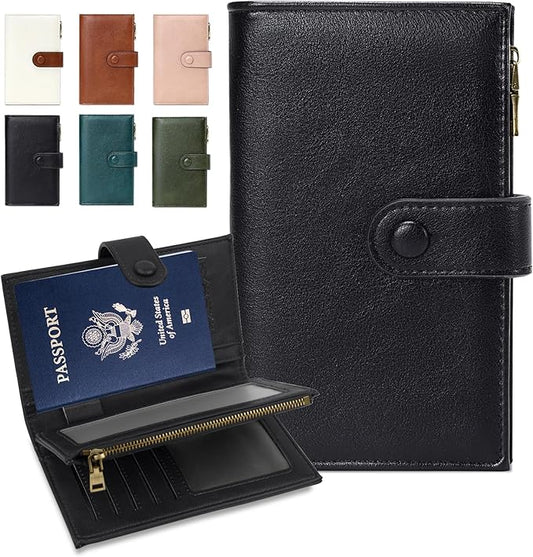 BKNOOU Passport Holder for Travel, RFID Blocking Passport Wallet Travel Wallet for Women Men, Leather Passport Cover with Zippered Coins Pocket, Trifold Clutch Wallet for Airport Essentials/Daily