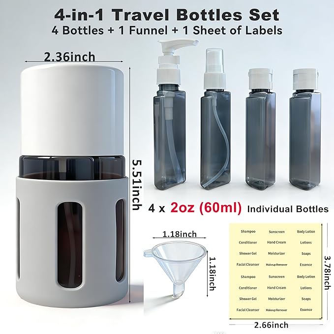 4-in-1 Round Refillable Cosmetic Container Kit, Leak Proof Portable Travel Toiletry Bottles, TSA Approved Travel bottles, Empty Jars for Cosmetics Lotion Shampoo (Grey)