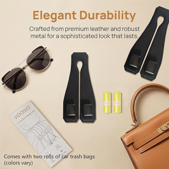 vidonio 4 Pack Leather Headrest Hooks for Car, Double Car Seat Back Storage Hook for Purses, Handbags and Grocery Bags, Heavy Duty Car Purse Holder, Universal Car Seat Headrest Hanger Accessories