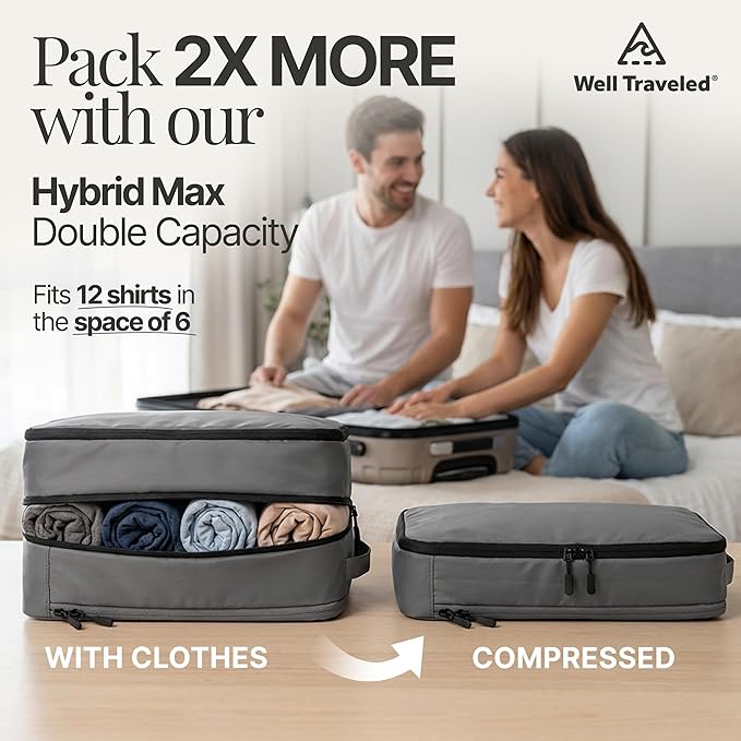 Well Traveled 8 pcs Compression Packing Bags Cubes Set with HybridMax Double-Capacity Design - Packing Cubes for Travel Compression to Maximize Limited Luggage Space, Grey