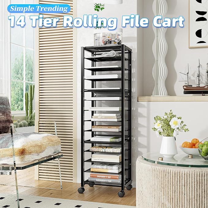 Simple Trending 14 Tier Rolling File Cart, Desk File Organizer, Paper Letter Storage Rolling Clutter Cart for Office, Home, School, Black