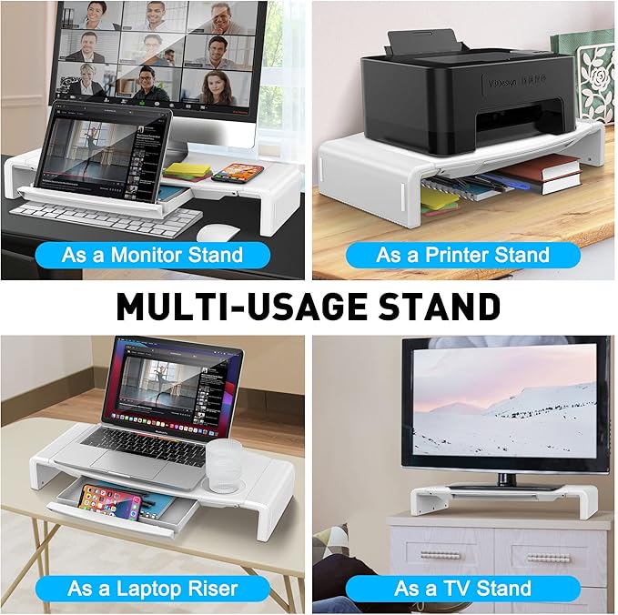 AboveTEK Monitor Stand Riser, Foldable Computer Monitor Riser with Drawer, Height Adjustable Computer Monitor Stands and Risers, Phone Stand for PC, Desktop, Laptop, Printer Save Space (White)