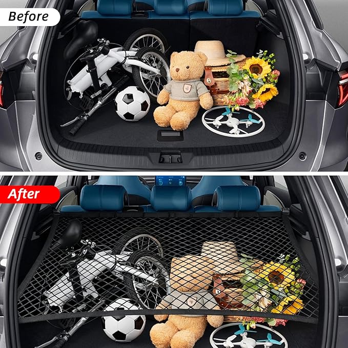 Elastic Cargo Net for SUV with Hooks, Net Stretchable Mesh Organizer 32" x 24" Stretch to 63" x 43", Rear Trunk Bed Netting Cover, Elastic Cargo Net with Fixing Hooks D-Rings, Road Trip Essentials