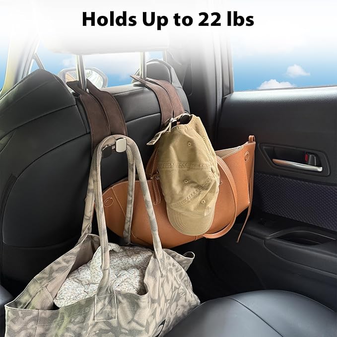 Travel Depot Headrest Hooks for Car, Purse Hook for Car, Premium Leather Twin Hook Car Seat Hooks, Double Hook Seat Back Storage Organizer for Purses, Bags, SUV, Truck, Vehicle, 2 Pack, Brown