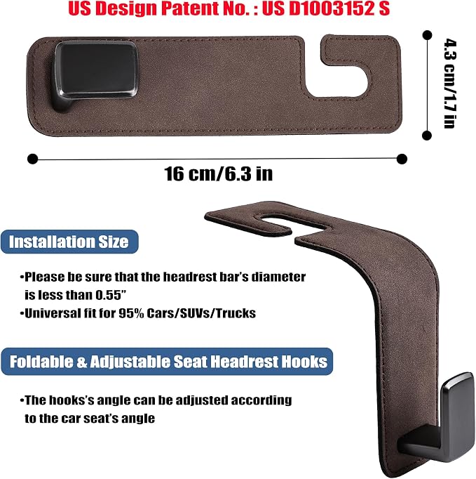 Amooca Car Seat Back Hook Universal Auto Storage Hanger Suede with Metal Car Seat Organizer for Handbag Purse Coat Umbrellas Grocery Bags 2 Pack Brown