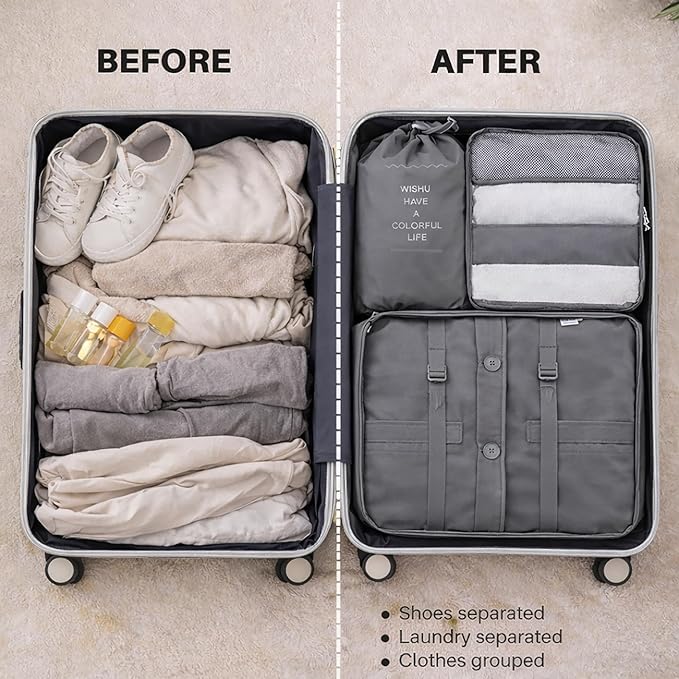 7 Set Packing Cubes For Travel | Luggage Organizer Bags With Shoe, Laundry Bag, Accessory Pouch And Lingerie Bag | Durable And Space Saving Suitcase Organizer For Travel Essentials | Grey