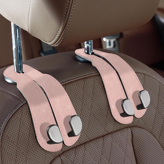 CoBak Purse Hook for Car - Universal Premium Stitched Leather and Aluminum-Magnesium Alloy Double Car Seat Back Storage Hook for Purses, Handbags, Bags (2 Pack),Blush Pink