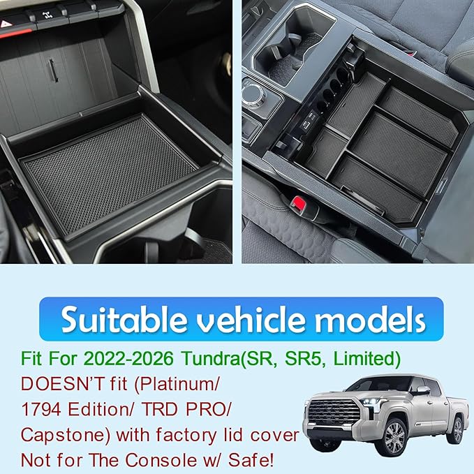 EDBETOS 2PCS/Set Center Console Organizer Compatible with 2022 2023 2024 2025 2026 Toyota Tundra Accessories Armrest Secondary Storage Box Middle Insert Tray (Not for The Console w/Safe)