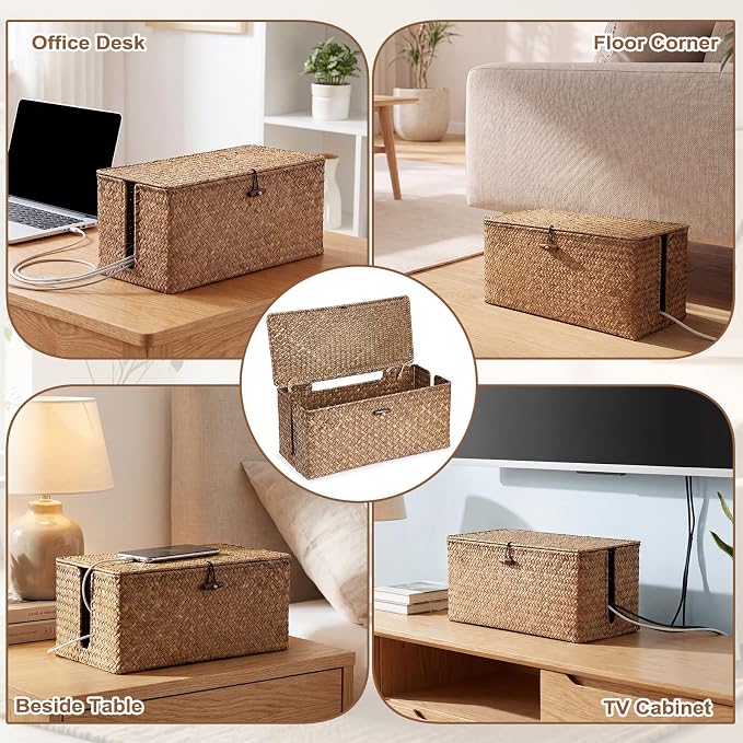 BTSKY Woven Cable Management Box with Lid, Seagrass Cord Organizer with 2 Open Slots for Power Strips & USB Hubs, Under Desk Cord Hider Box for Home Office, Pet Proofing Wire Basket, Large