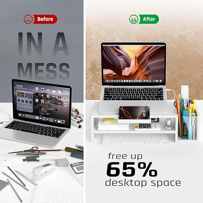 Adjustable Wood Laptop Stand, Ergonomic Height & Angle Computer Riser with Pen Holder – Compatible with MacBook Air/Pro, Dell, HP, Lenovo & 10-17.3" Notebooks – White