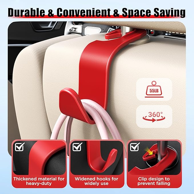 Amooca Car Seat Headrest Hook 4 Pack Hanger Storage Organizer Universal for Handbag Purse Coat Universal fit Vehicle Car Red with Clip