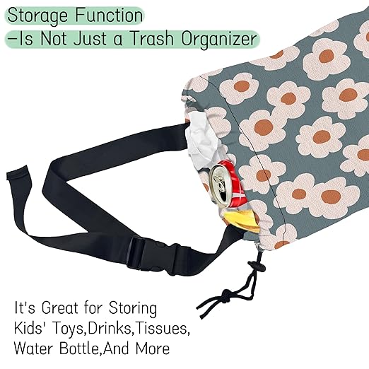 Groovy Flowers Car Garbage Bag,Daisy Waterproof Small Car Trash Bag Hanging Back of Seat,Drawstring Hanging Car Trash Bag with Adjustable Buckle for Car Accessories